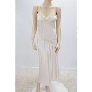 Vintage 1980s Long Nightgown S Pink Nylon Pink Lace Trim USA Coquette Romantic